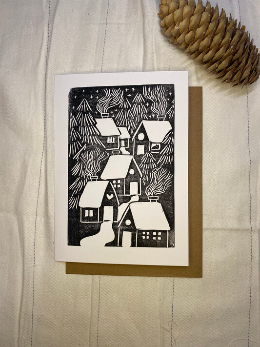 Winter Village Block Printed Card